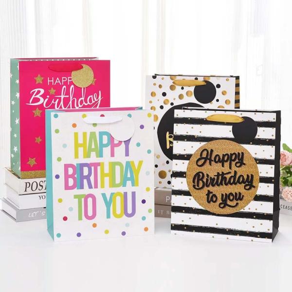 New Design Birthday Gift Bag Packaging English Paper Bag Hot Stamping White Card Handbag