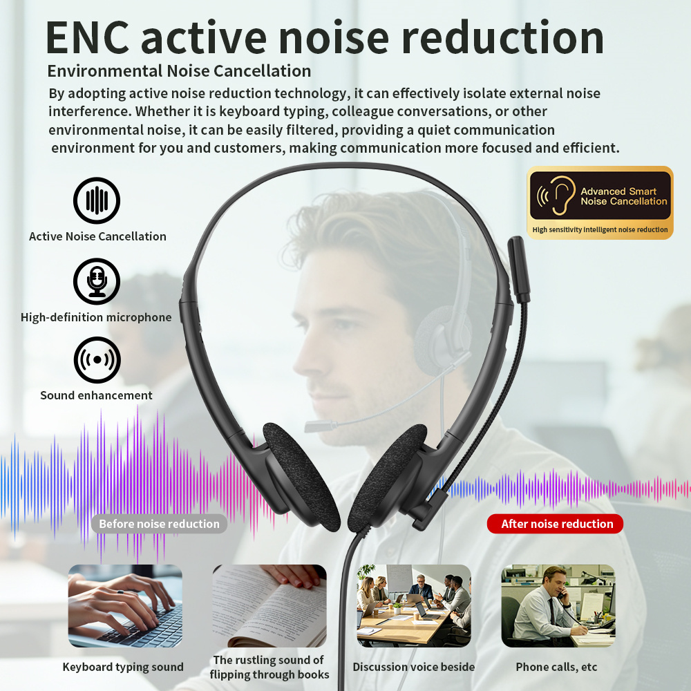 Lightweight wired telephone headset with ENC noise‑cancelling flexible boom microphone. Supports USB, Type‑C & 3.5mm jack, perfect for call centers, remote work, online meetings and classes，OEM & ODM