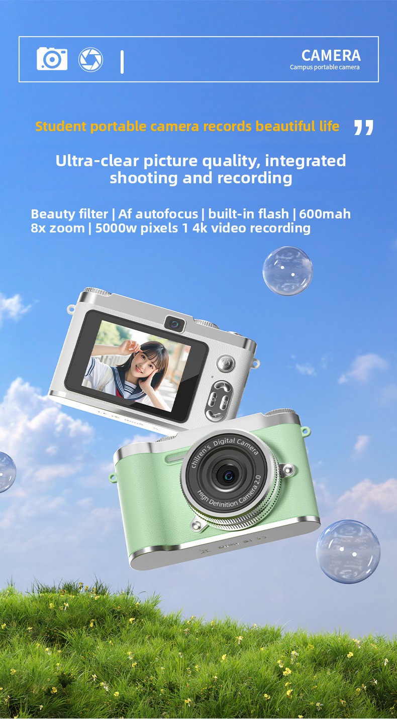 CCD Digital Camera for Self-portraits & Beginners 50MP 8x Optical Zoom Full HD Video Retro Portable Compact Camera Smile Capture