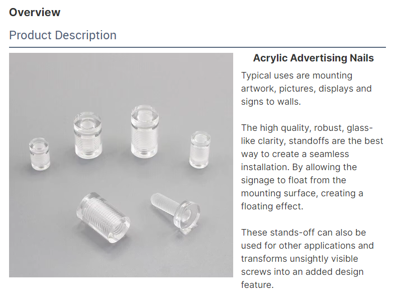 Customized Acrylic Clear Wall Mounted Standoff Screw for Sign Holder Advertising Board Bolts length 20mm