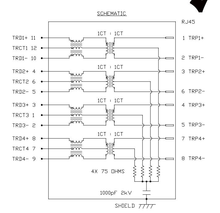 0816-1X1T-43-F 1000 BASE-T НЕ не привело плату вверх по RJ45 соединителю Magjack через отверстие