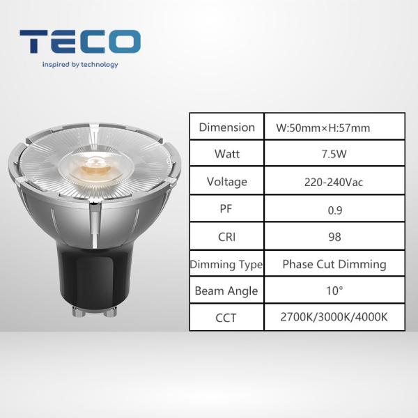 Teco GU10 Pro 7.5W Dimmable LED Spotlight 2700K Warm White 10° Beam – Ideal for Bedroom & Gallery Lighting