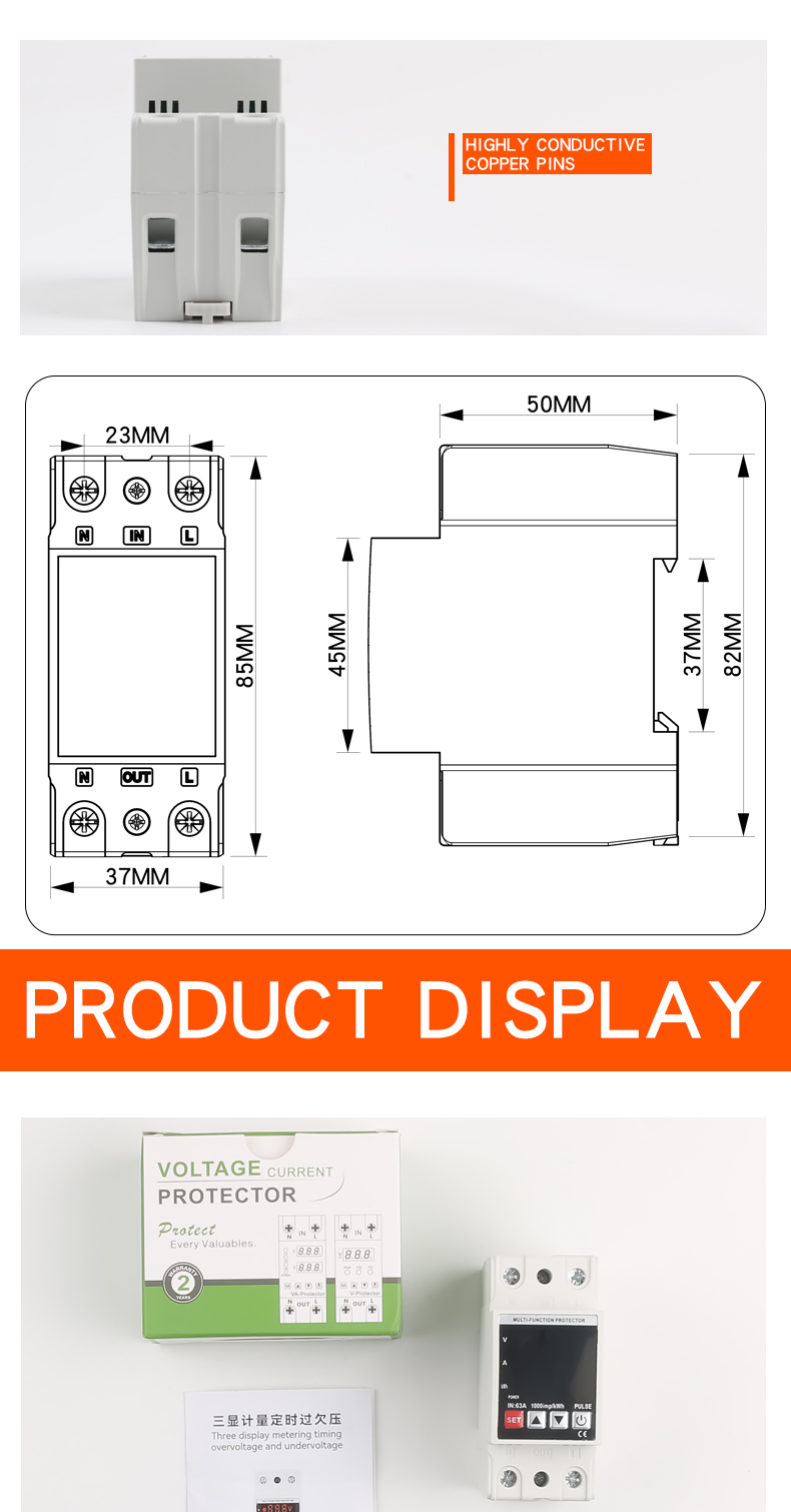 DIN Rail Mount Three Phase Voltage Meter AC 80-500V Mini Modular Ammeter 0-100A LED Digital Display Indicator Frequency Meter PC