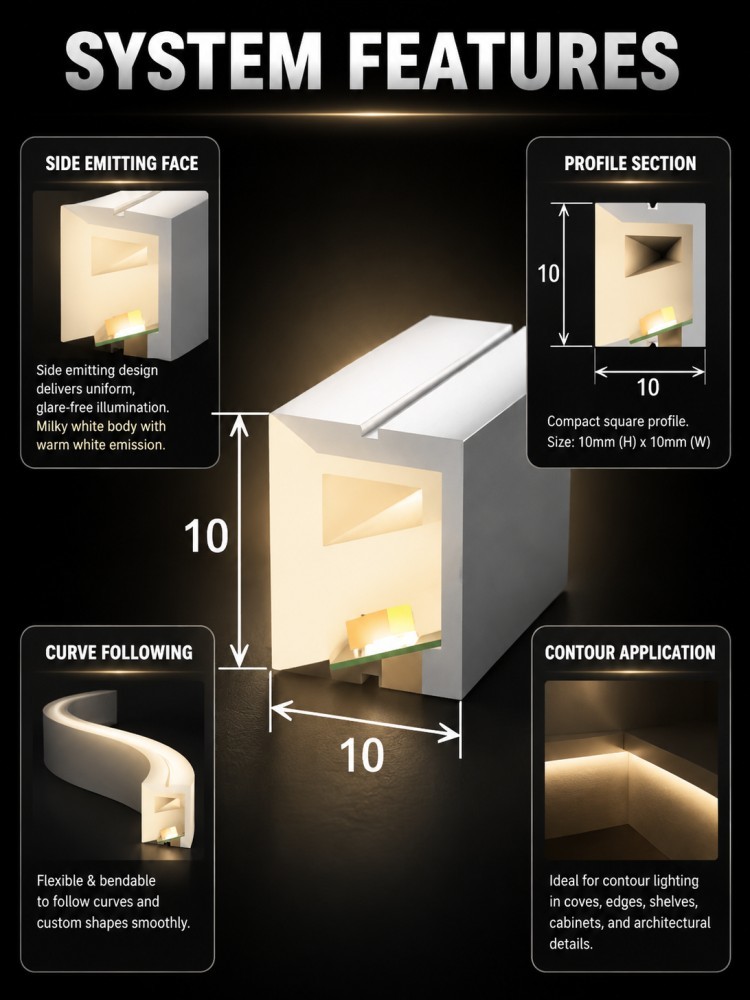 Pure Silicone LED Strip Lights DC12V 24V 10x10mm Side Emitting For Building Edge Outlining