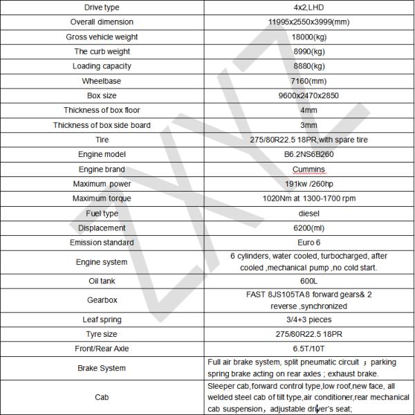 Camion lourd diesel 4X2 Dongfeng 10T avec moteur Cummins et boîte de vitesses manuelle Euro 6