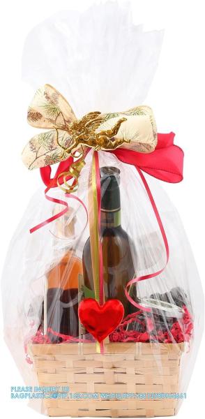 Cellophane Wrap For Gift Baskets, Opp Plastic Gift Bags With Red Bows Ribbon Wrap for Baskets & Gifts