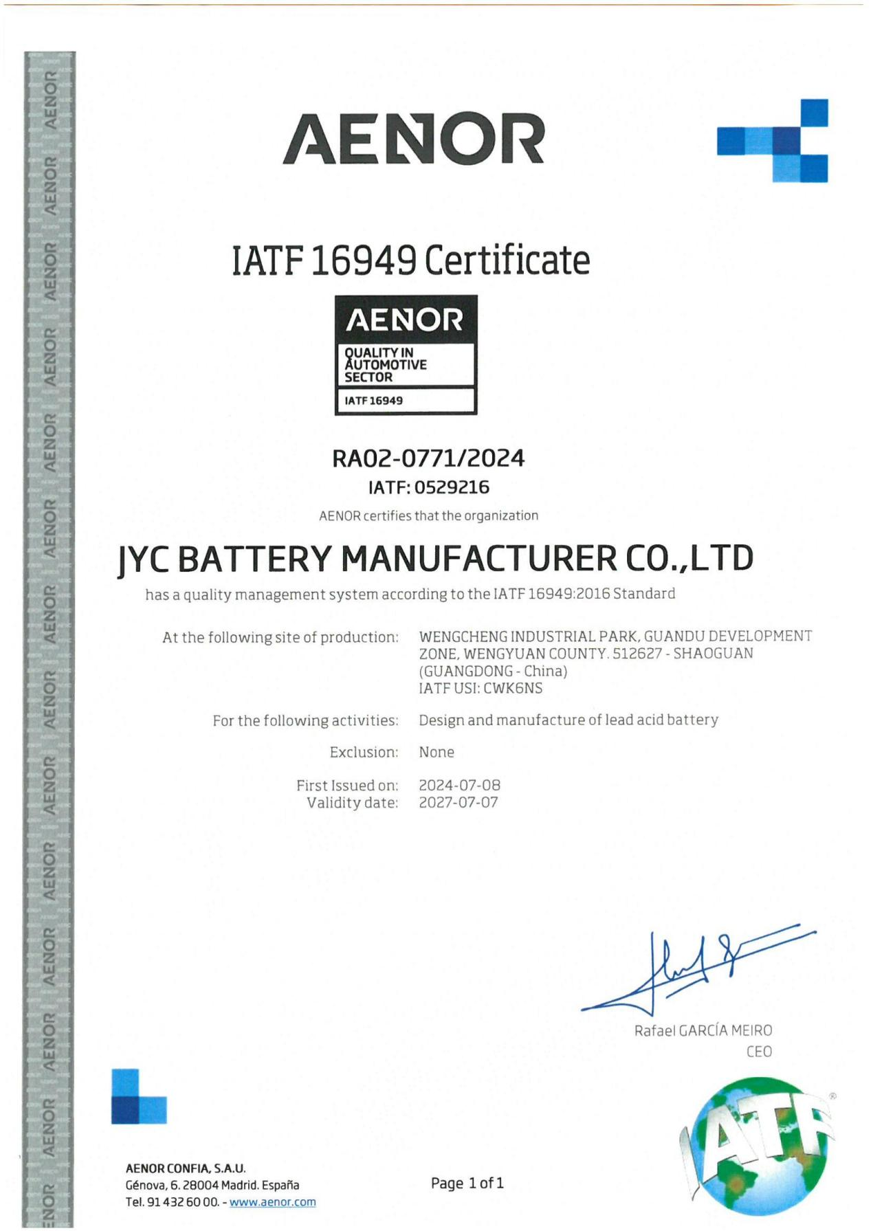 JYC Battery Manufacturer Co., Ltd. Certifications
