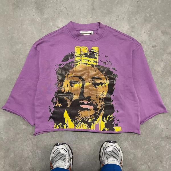 Black Cropped Graphic T Shirt Men 3/4 Sleeve Shirt Heavyweight Printed Cut Raw Curved Hem Boxy