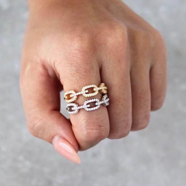 925 Sterling Silver Curb Link Chain Ring 18K Women Cubic Zirconia Rings