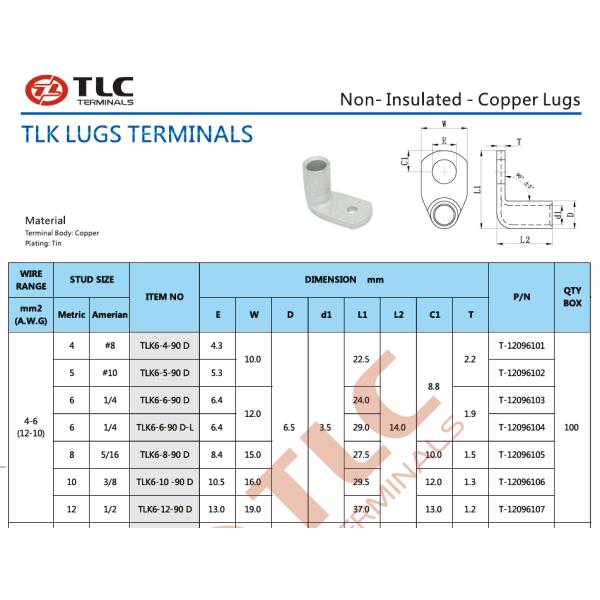 Non-Insulated 90° Copper Cable Lug Connectors for Big Project Tinned Copper Terminals