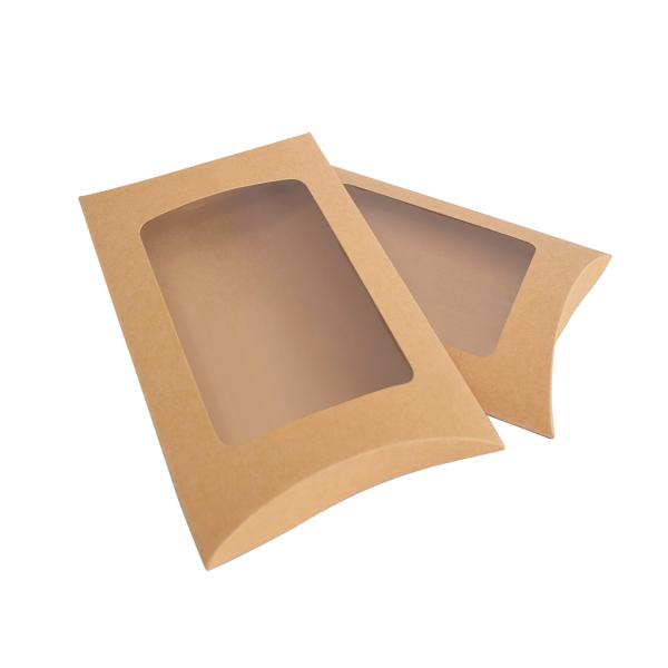 Custom Printed Kraft Paper Pillow Box with Clear Window – Eco-Friendly Packaging for Gifts & Retail