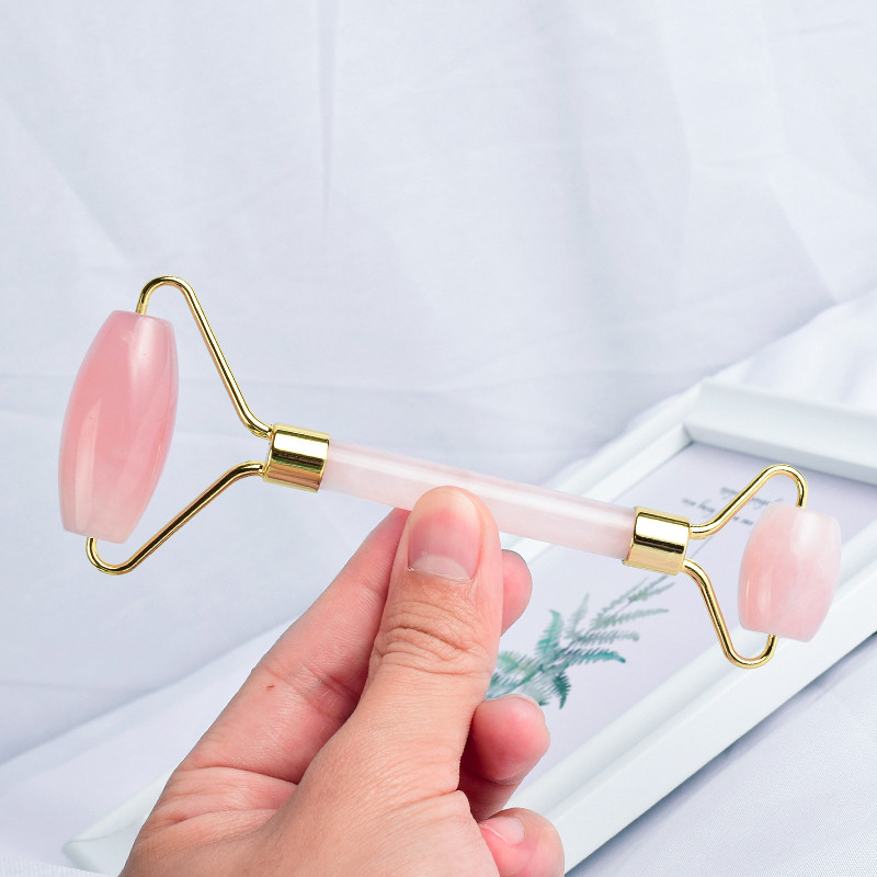 Facial Jade Roller with Double Rollers in Natural Rose Gold Rose Quartz Material
