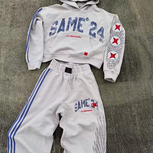 Sweat à swets à écran sur mesure Sweins Sweins Sweet Acid Wash et Pantalons à rayures Sport Jogger Ensembles de surdimen