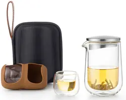 Wholesale Borosilicate Tea Sets With Travel Mug Double Glass Gift Box Outdoor Coffee Stainless Steel Drip Tea and Coffee Set