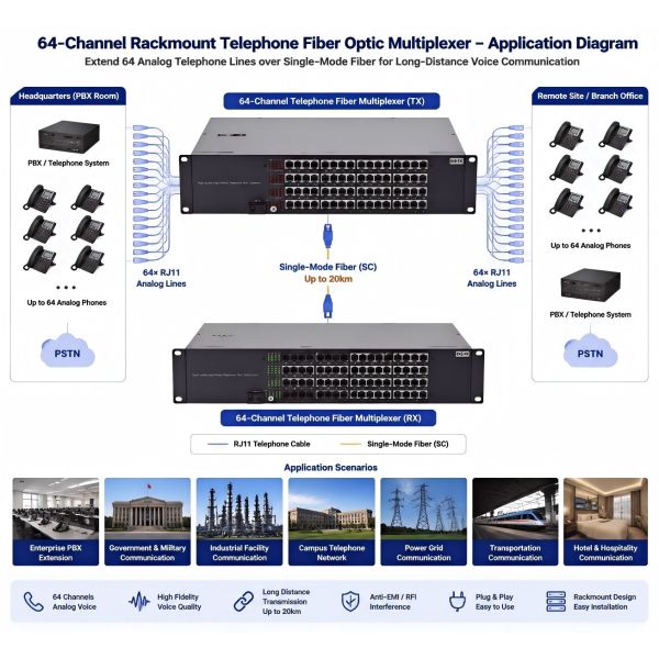 64 Port Rackmount Telephone Fiber Optic Converter Analog Phone Line Extender Over Fiber