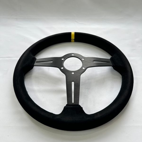 DELUXON 350mm Diameter Racing Steering Wheel With 35mm Dish , Black Suede , 5 MM 6061 Aluminum Alloy Black Spoke