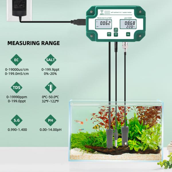 Smart Tuya Wifi Digital PH Meter with Data Logger Function and 6 in 1 TDS.EC.PH.Salinity.G.S.Temp for Hydroponics