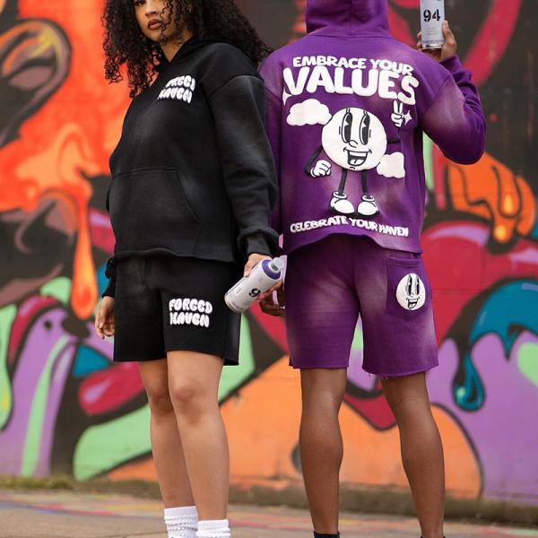 Vintage Lavé à l'acide Puff Print Joggers Vêtements de rue Hoodie coupée Soleil décoloré Sweatsuit Hommes Tracksuit Hoodie et Shorts Set