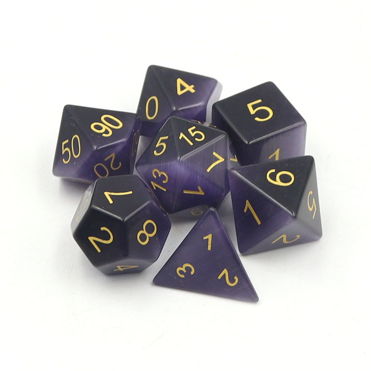 Natural Purple Cat's Eye Stone Polyhedral Dice Set - Hand Carved DND Dice with Golden Paint Engraved Numbers