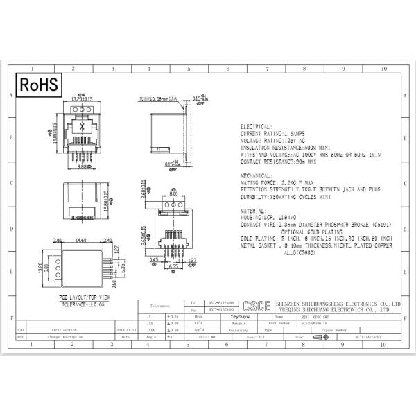 LCP Single Port Vertical RJ11 Modular Jack Phone Socket 6 Pins 6 Contacts