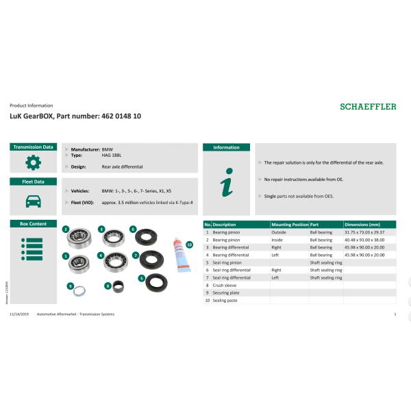 INA  462014810 - BMW Gearbox 188L Bearing Differential  Kit , LuK GearBOX, Part number: 462 0148 10