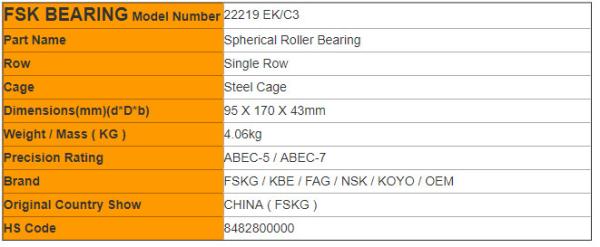 22218 EK / C3 , 22219 EK / C3 Spherical Roller Bearing Special Loom Bearing For Textile Industry