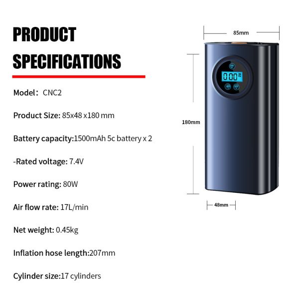 1500mAh Digital Tire Inflator Wireless Electric Car Battery Jump Starter Rechargeable Air Compressor With SOS Light
