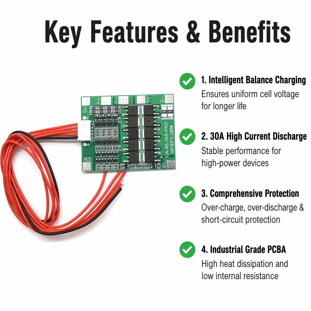 4S 30A 14.8V Li-ion Lithium Battery Protection Board BMS PCM with Balance Function for 18650 Lipo Battery Pack