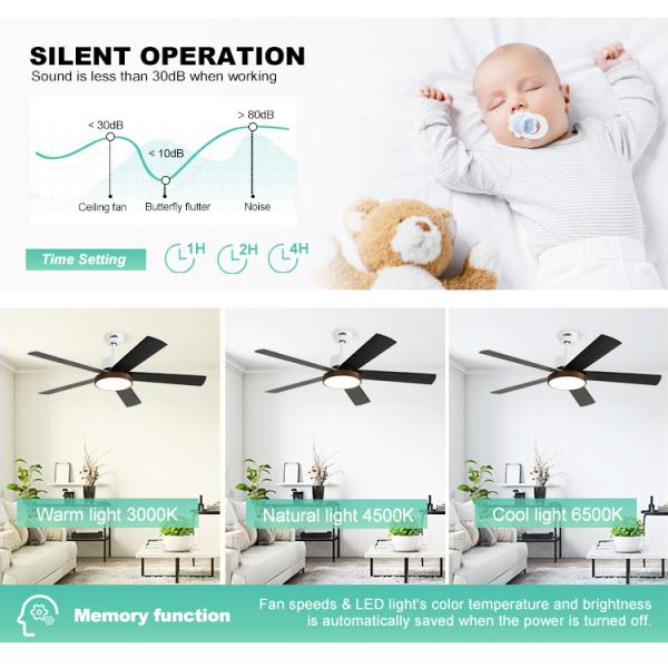 Ventilador de teto LED de controle inteligente com lâmina de MDF de 52 polegadas e potência de motor de 35/60W