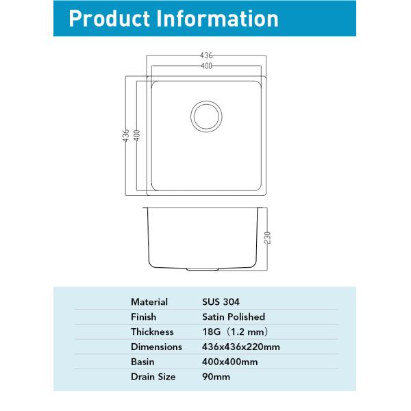 Square Undercounter Kitchen Sink , Brushed Silver 18 Gauge Single Bowl Kitchen Sink