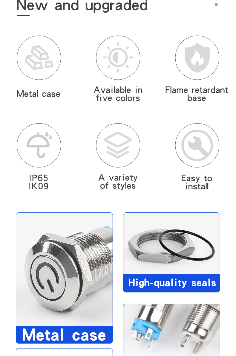 12mm Waterproof Nickel Plated Copper Pushbutton with Power LED Two Types of Flat & High Head Latching Momentary 6V12V24V
