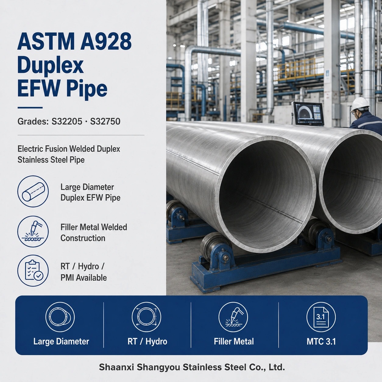 ASTM A928 Ferritic/Austenitic Duplex Stainless Steel EFW Pipe S31803/S32205/S32750 Class 1 Double-Welded with Filler Metal