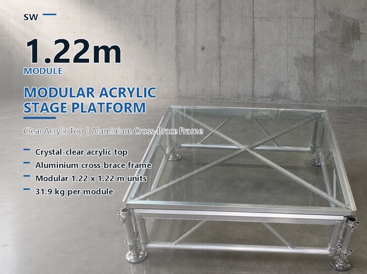 Clear Acrylic Modular Stage Platform with 1.22m Module and Aluminium Cross Frame for Events