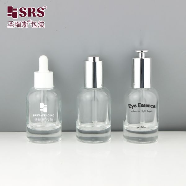 GL019 50ml Round Shoulder Thick Bottom Molded Glass Bottle With Different Dropper Lid For Skincare Serum
