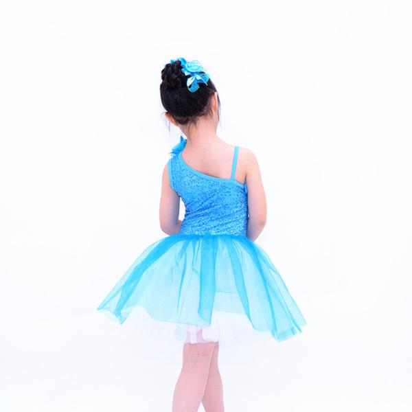 Diagonal Neckline Glitter Floral Tutu Dress Blue Little Girls Dance Clothes