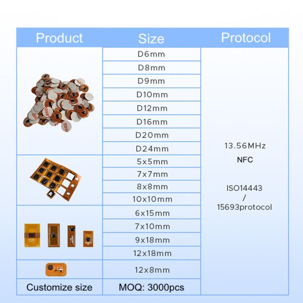Heat-Resistance Flexible 4X4mm Dia 5mm 6mm 8mm Mini Size FPC NFC Tag