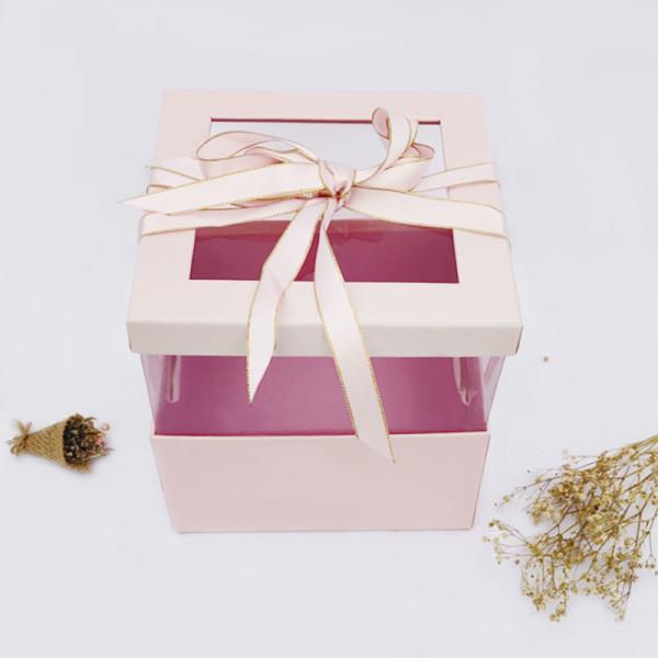 Embossing Woodfree Cardboard Flower Cake Box With Bow Ribbon