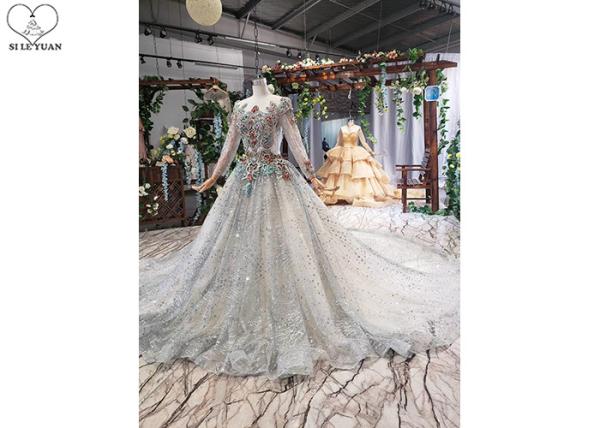 Colorful Lace Tailor Made Prom Dresses , Long Sleeve Beaded Prom Dress Big Tail