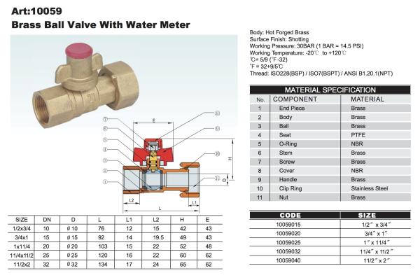 BSP or NPT Brass Ball Valve with water meter 10059 10060 10061 10062 in 30Bar