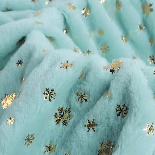 DDP Recycled Factory High Quality Bunny Hair Foil Gold Fabric Snowflake Pattern, Wholesale Polyester Fleece Fabric