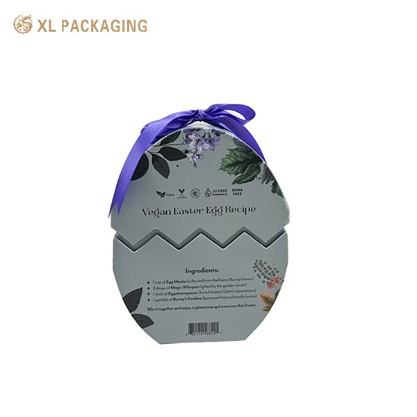 Luxury Easter Egg Nail Polish Gift Box Custom Cosmetic Rigid Box With 4 Slots EVA Foam Insert & Purple Satin Ribbon