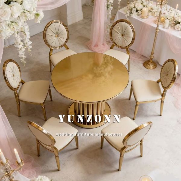 Luxury Modern Round Shaped Glass Top Golden Stainless Steel Dining Tables Luxury