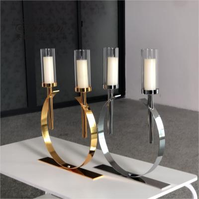 Fábrica nova decoração de casamento de design ouro prata círculo de metal 2 braços porta velas
