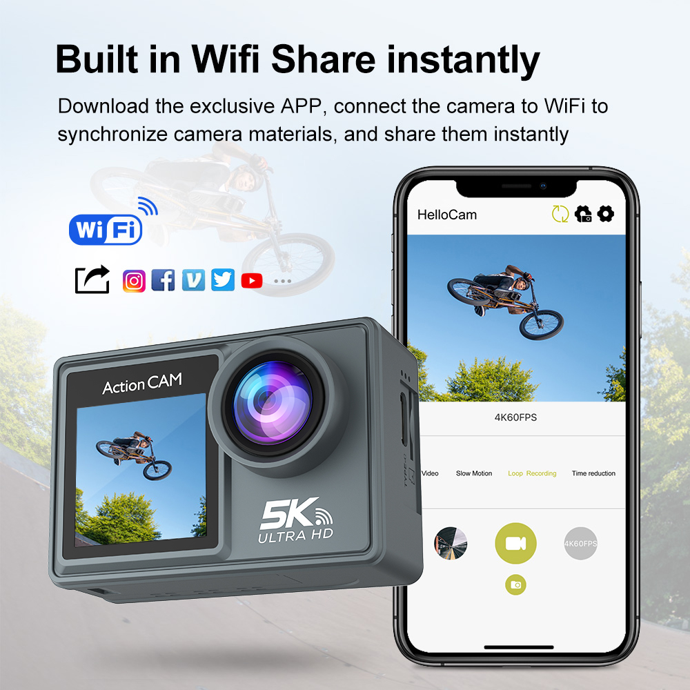 5K Dual Screen Action Camera with MIC EIS Stabilization WiFi Remote Control Waterproof for Outdoor Sports