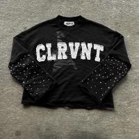 Custom Sweatshirt Rhinestone Distressed Unisex Embroidered Long Sleeve Double Layered Oversized T Shirt Heavyweight for Men