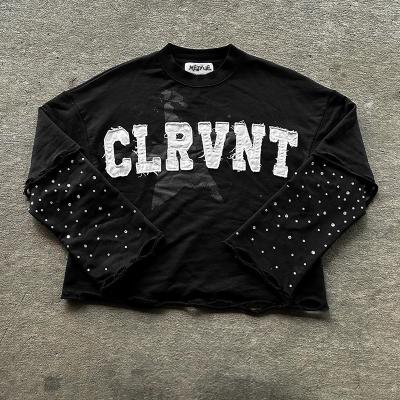 T-shirt sur mesure Strass Unisexe déprimé brodé à manches longues double couche T-shirt surdimensionné poids lourd pour hommes