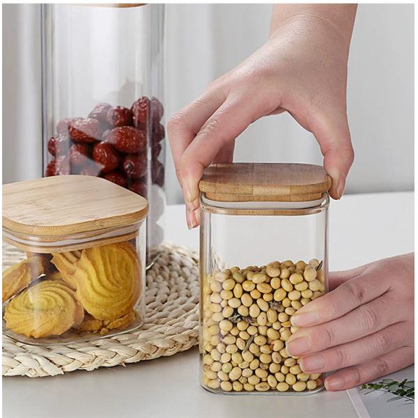 Modern Design Food Storage Container with Bamboo Wood Lid 300ml 500ml Spice Glass Jar