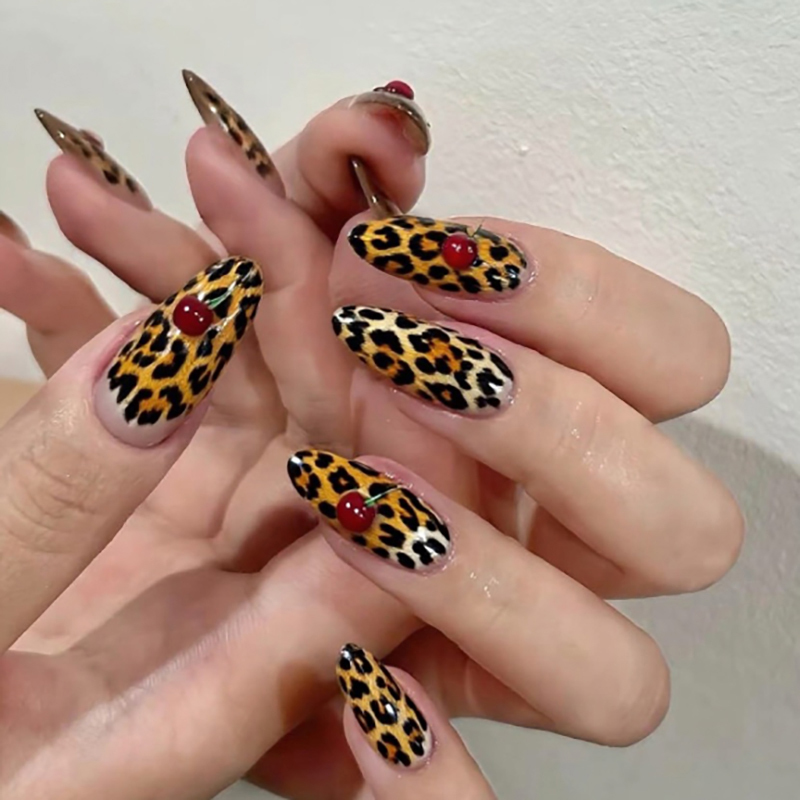Short Almond 3D Press On Nails Cherry Leopard Print Nail Stickers