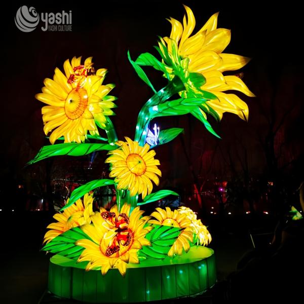 Custom Giant Sunflower Lantern Group, LED Floral Light Sculpture With Butterfly for Park Night Festival Exhibition