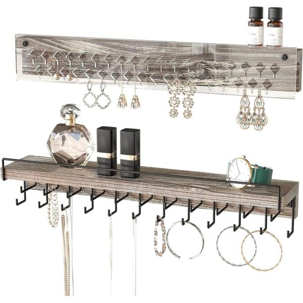 Custom Rustic Farmhouse Wood Earring Display and Clear Acrylic Necklace Wall Mount Holder